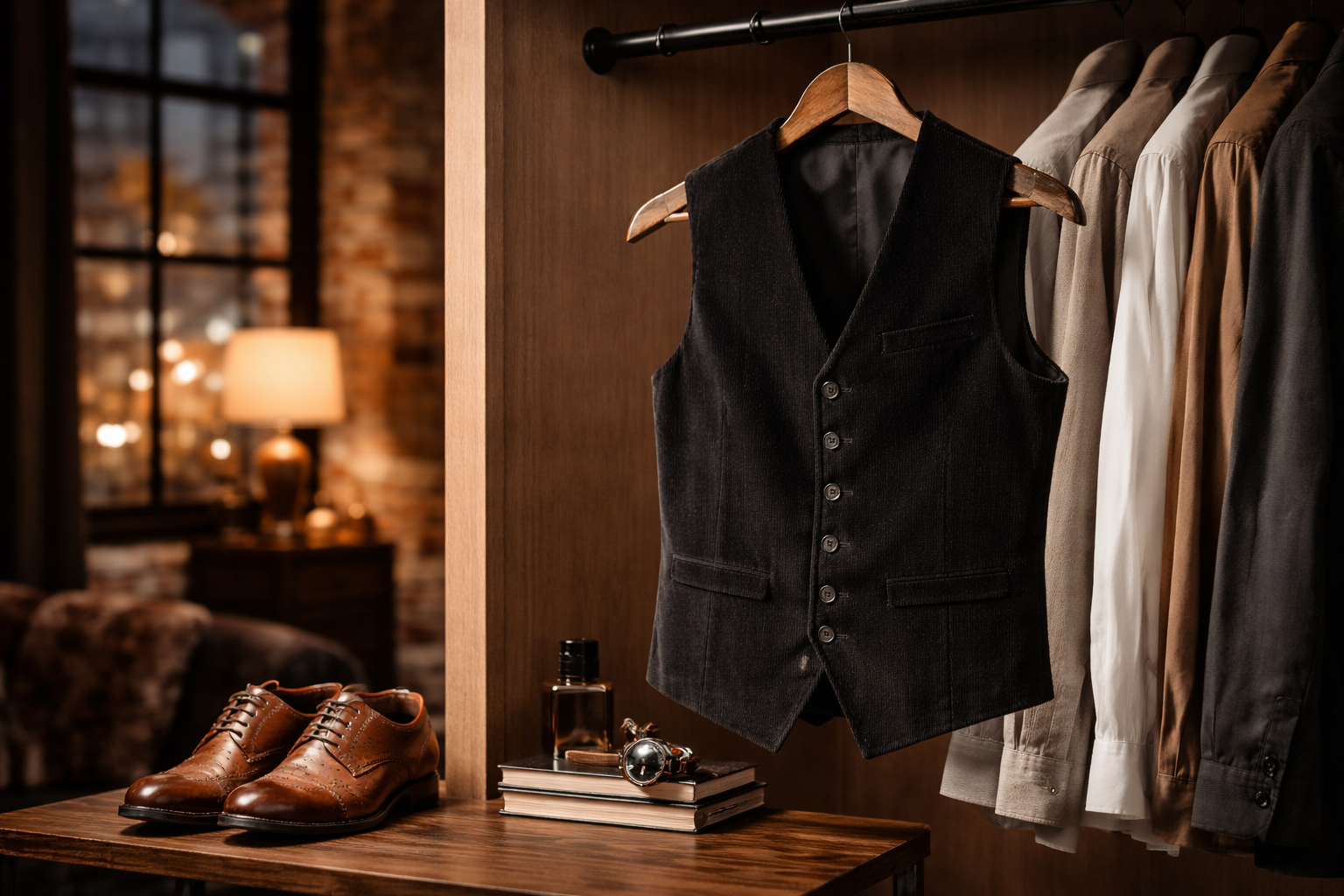 black waistcoat hanging on wooden hanger in a Gastown loft closet with leather dress shoes styled beside it