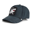 Navy blue Goorin Bros trucker hat featuring embroidered shark patch labeled SHARK on front panel
