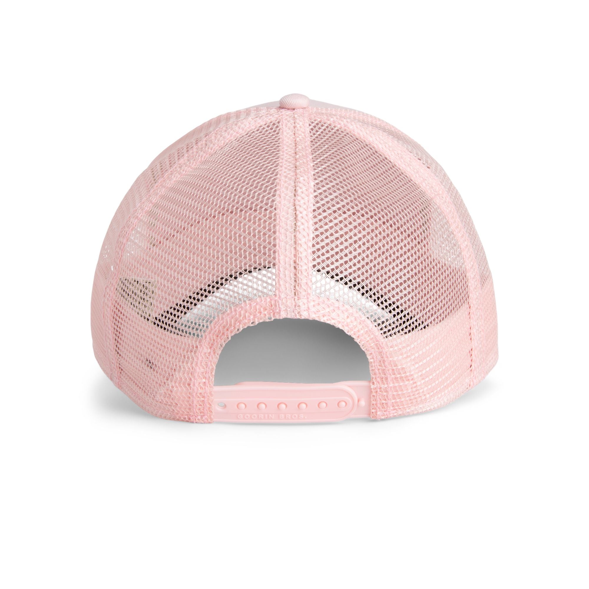 Light pink Goorin Bros trucker hat with mesh back featuring embroidered black panther patch labeled PANTHER on front panel
