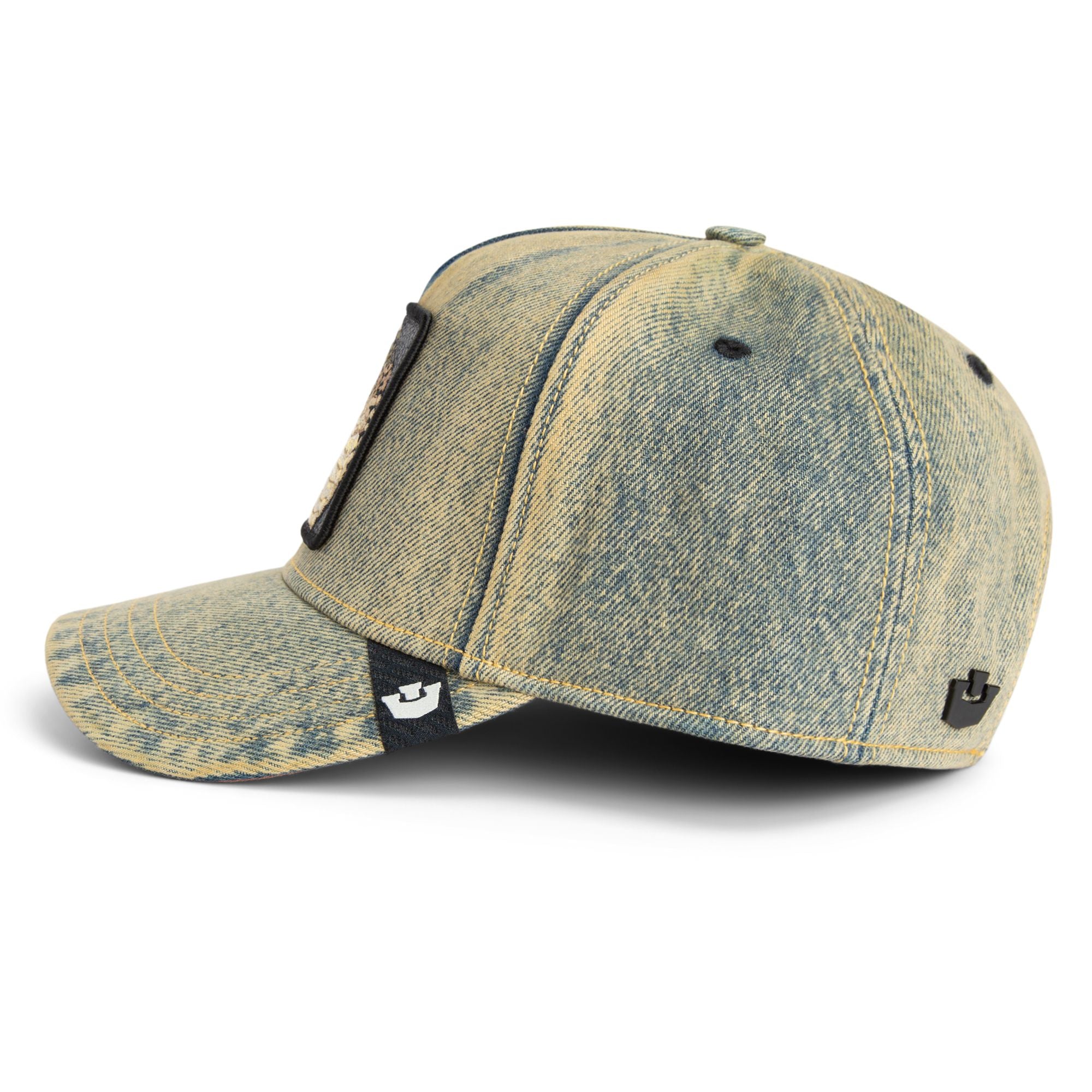 Goorin Bros Boss Cobra Trucker Hat with denim wash and embroidered snake patch
