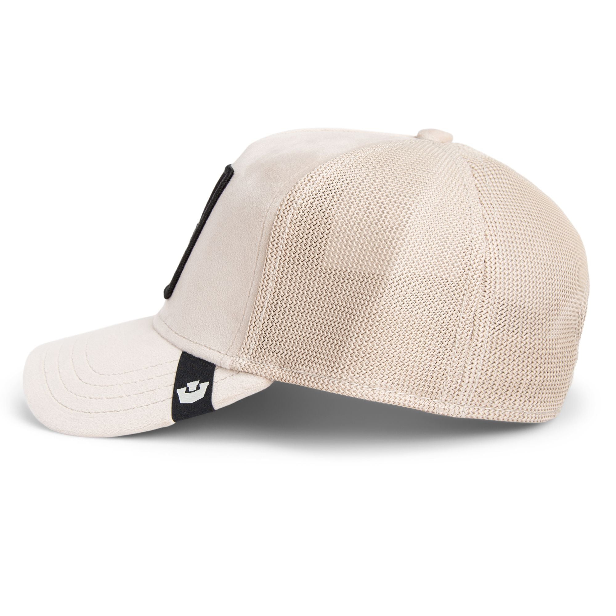 Beige Goorin Bros trucker hat with mesh back featuring embroidered Doberman patch labeled BEWARE on front panel
