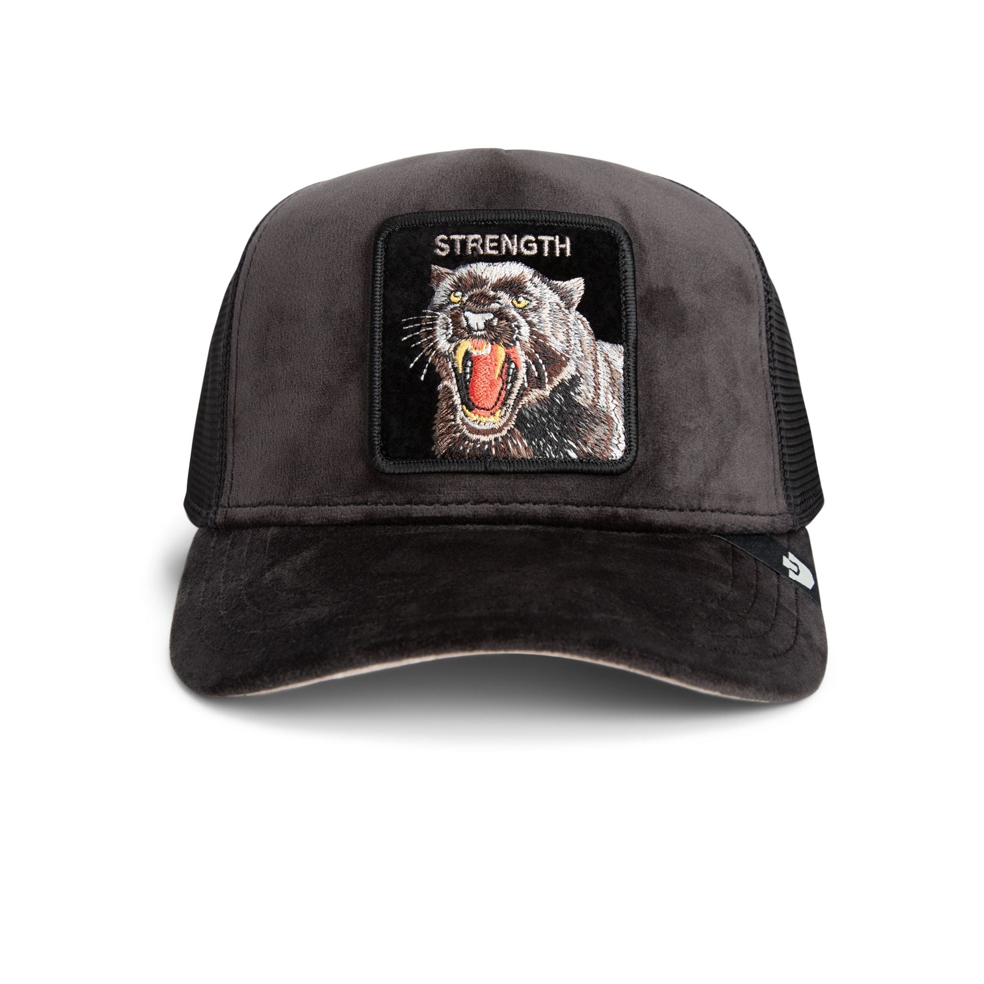Goorin Bros Strength Panther Trucker Hat in black with embroidered panther patch
