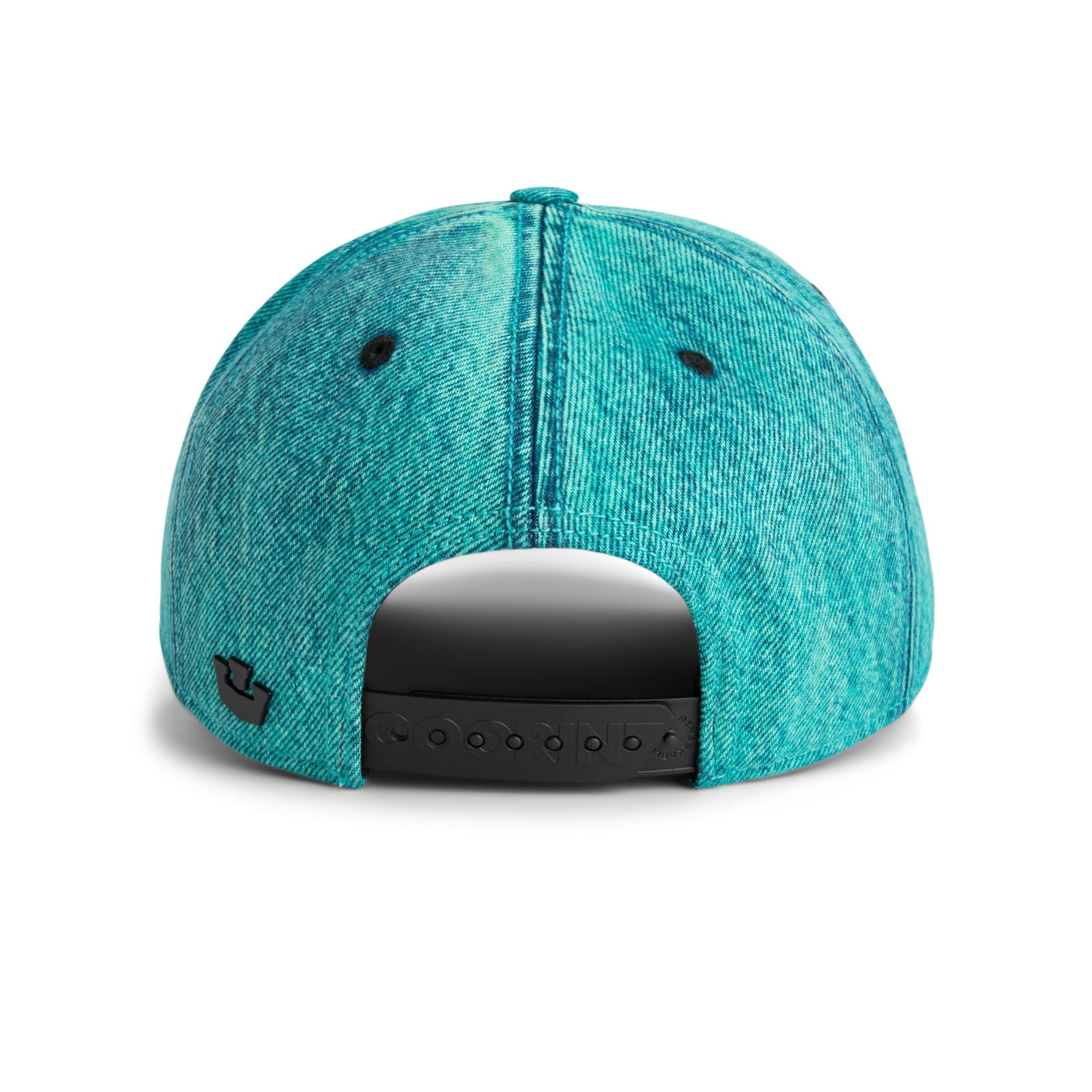 Goorin Bros Doomed Butterfly Trucker Hat in teal denim with embroidered butterfly patch
