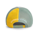Green and yellow cap with text on a white background