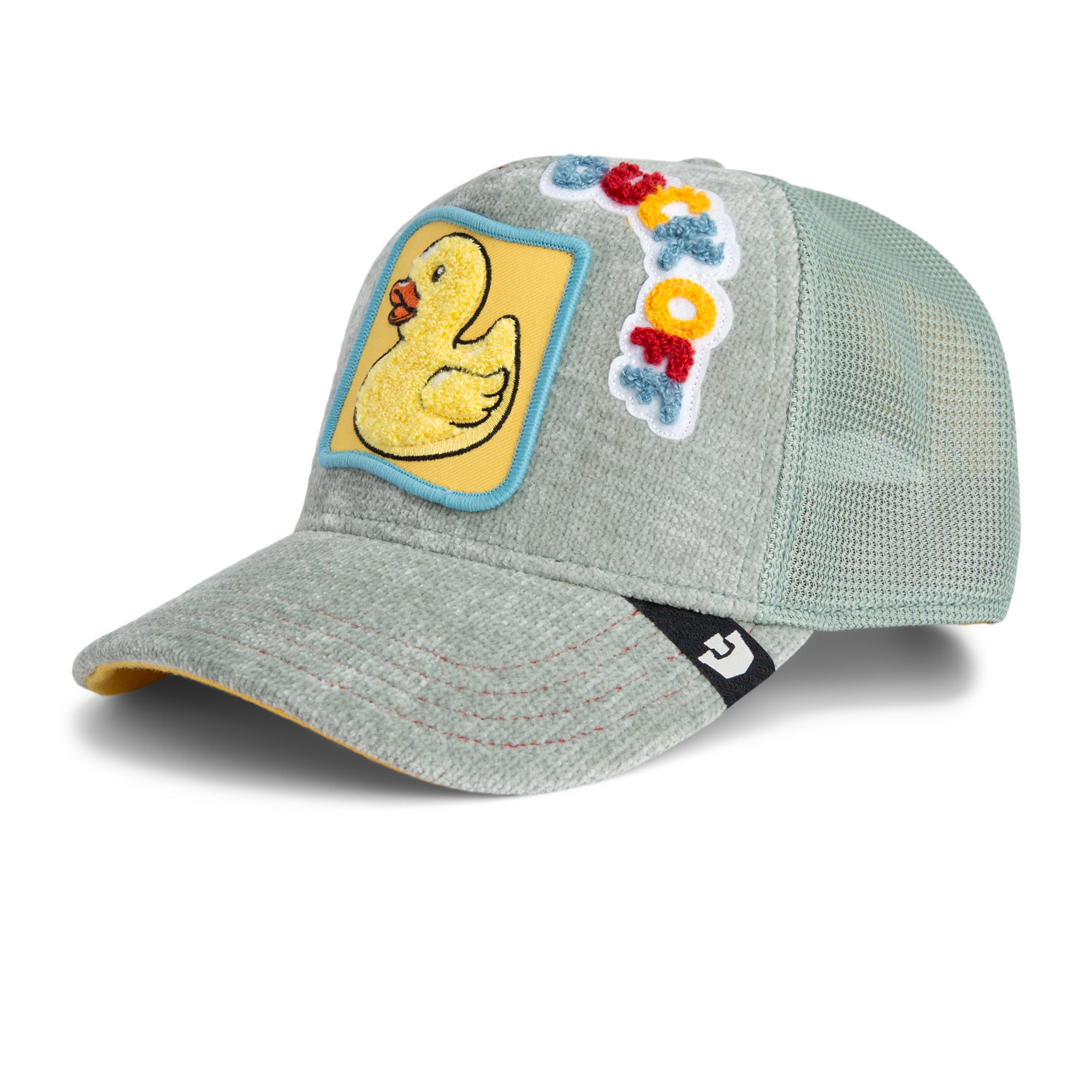 Gray cap with a yellow duck patch and colorful letters on a white background