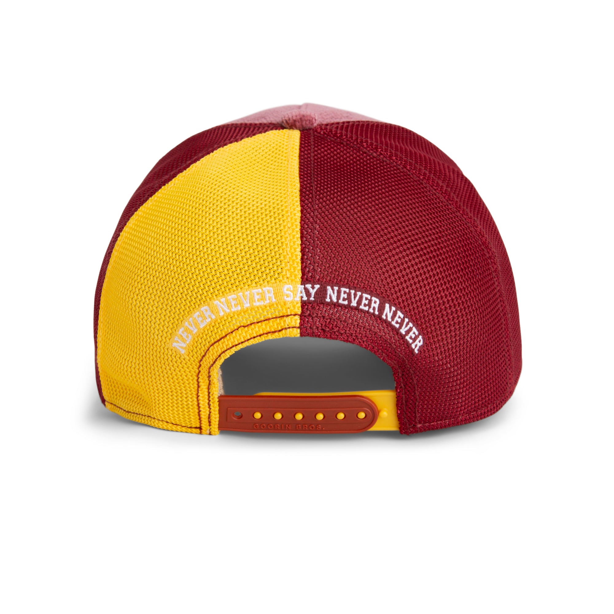 Two-tone red and yellow cap with 'Never Say Never' text on a white background