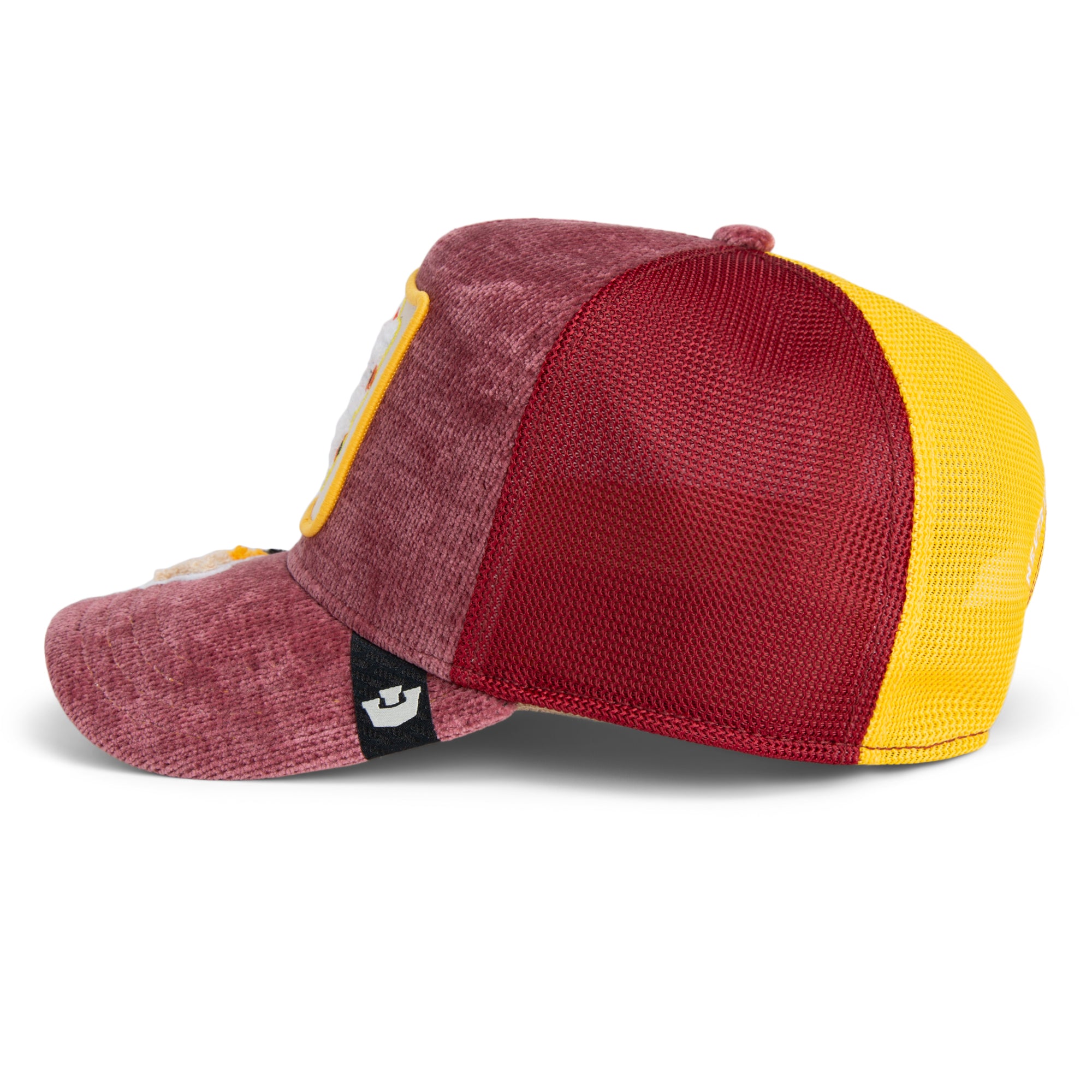Red and yellow cap with a brand logo on a white background