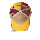 Colorful baseball cap with a yellow front, red side, and beige back on a white background
