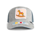 Grey corduroy trucker hat with rocking horse patch