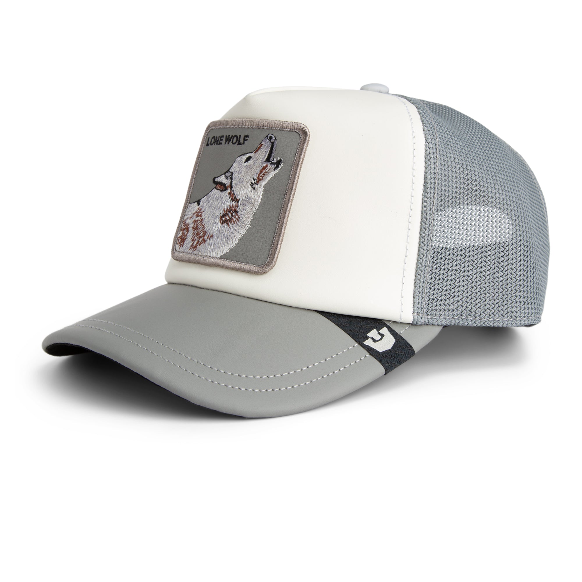 Gray and white cap with wolf patch on a white background