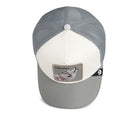 Gray and white cap with a wolf patch on a white background