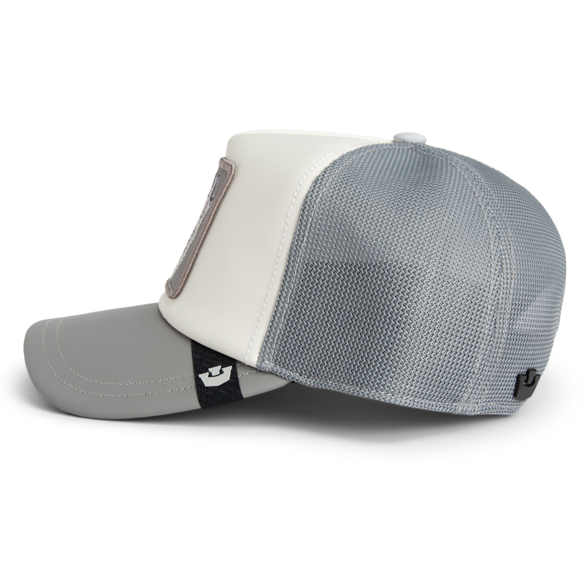 Gray and white cap with mesh design on a white background