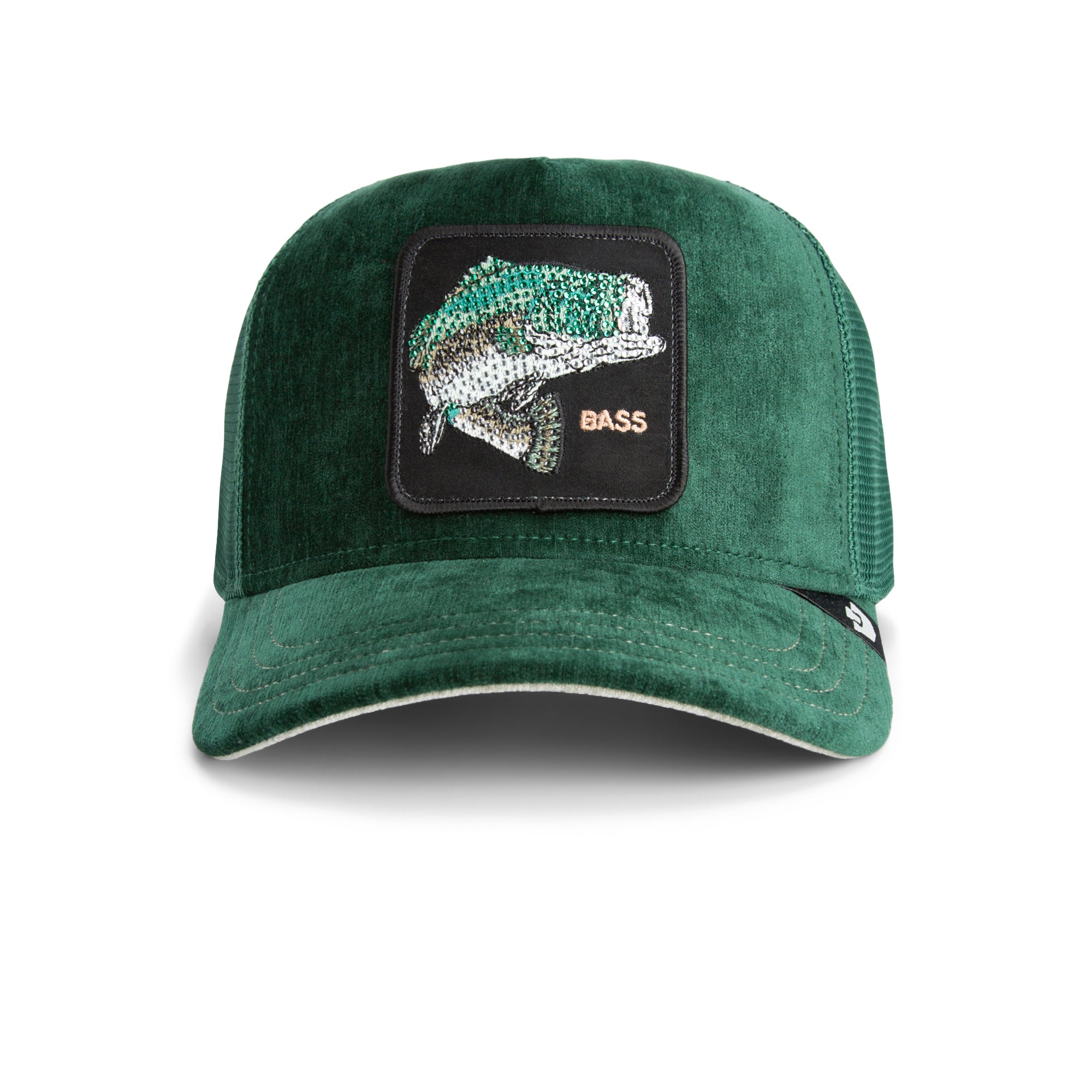Green cap with a bass fish patch on a white background