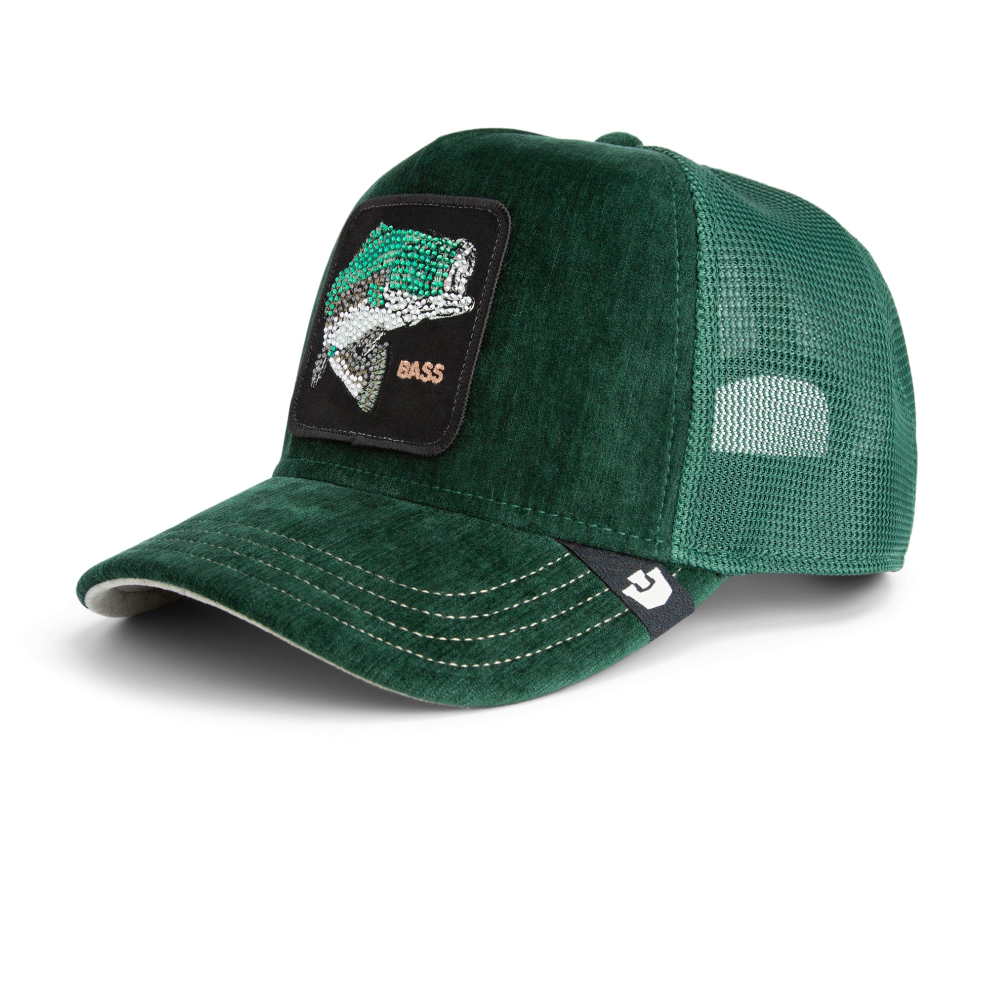 Green mesh cap with bass fish patch on a white background