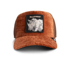 Brown trucker cap with rhino graphic and 'Bulletproof' text on a white background