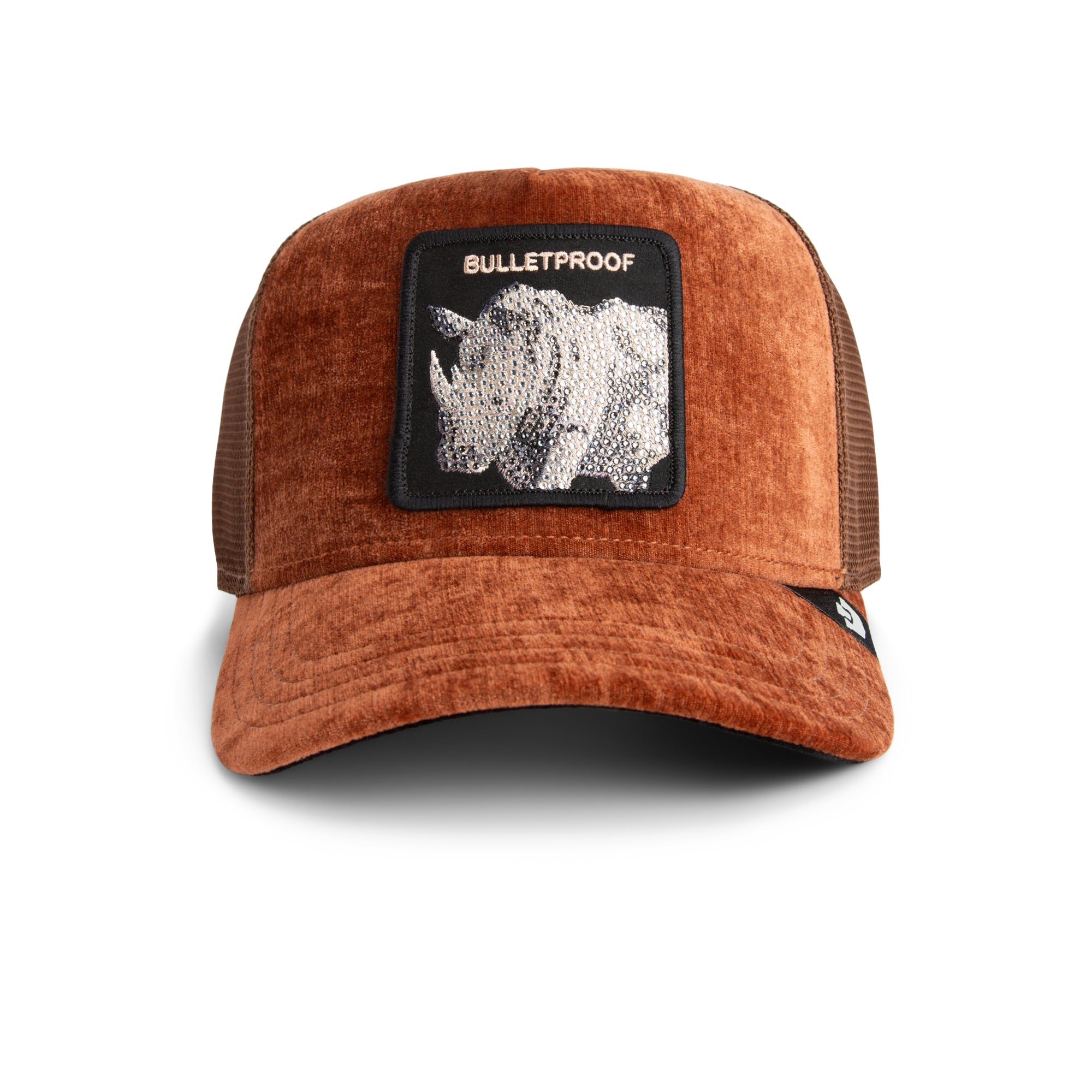 Brown trucker cap with rhino graphic and 'Bulletproof' text on a white background
