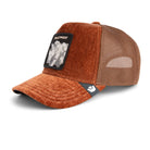 Brown and beige trucker cap with a patch on a white background