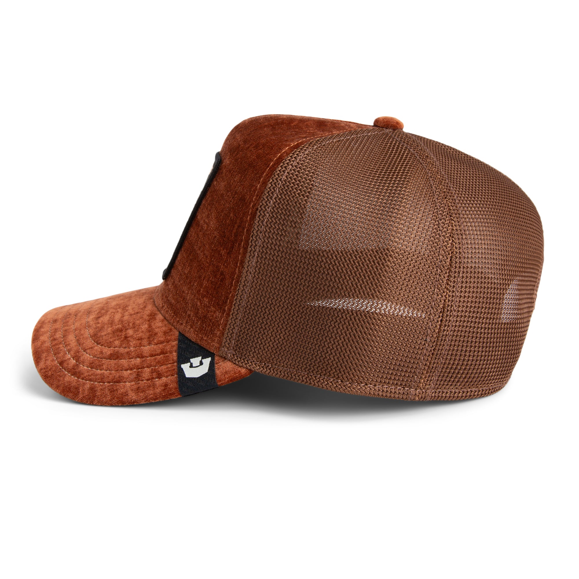 Brown trucker cap with mesh back on a white background
