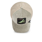 Beige and gray cap with a logo on a white background