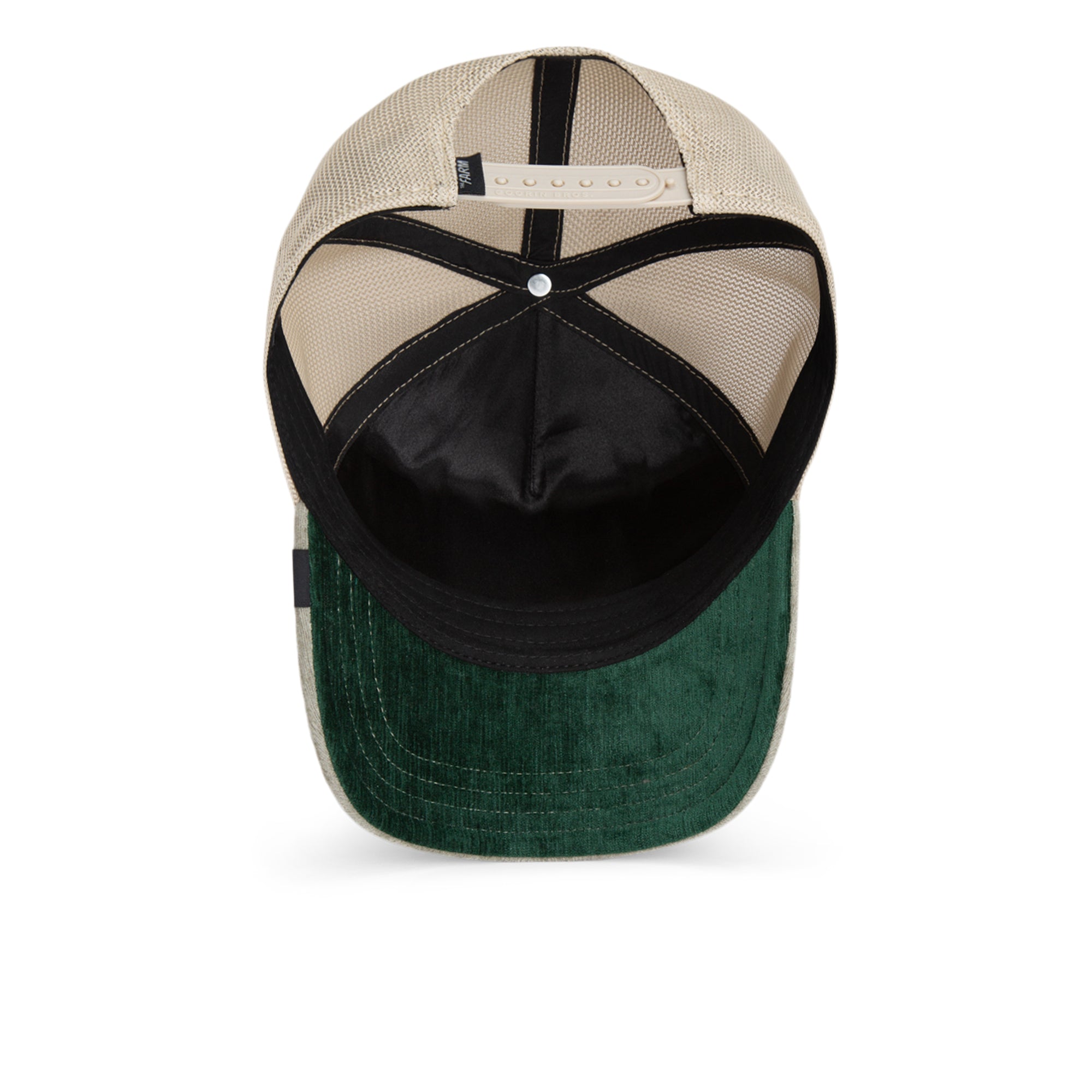 Cap with beige top, black sides, and green bottom on a white background