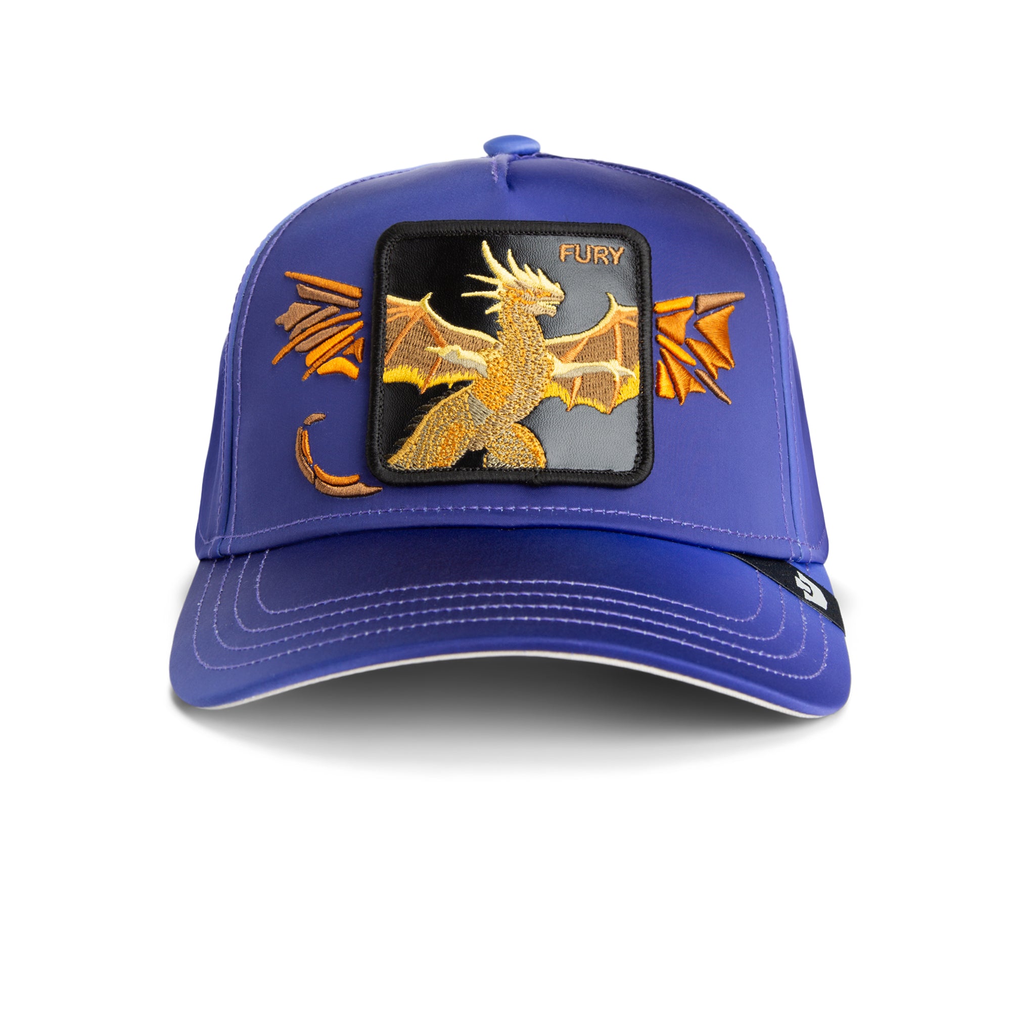 Blue cap with a gold dragon patch on a white background