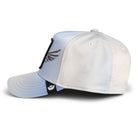 White and light blue baseball cap with a logo on a white background