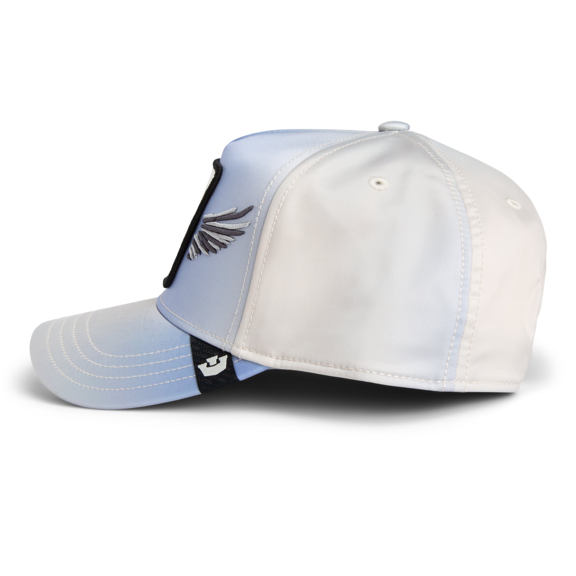 White and light blue baseball cap with a logo on a white background