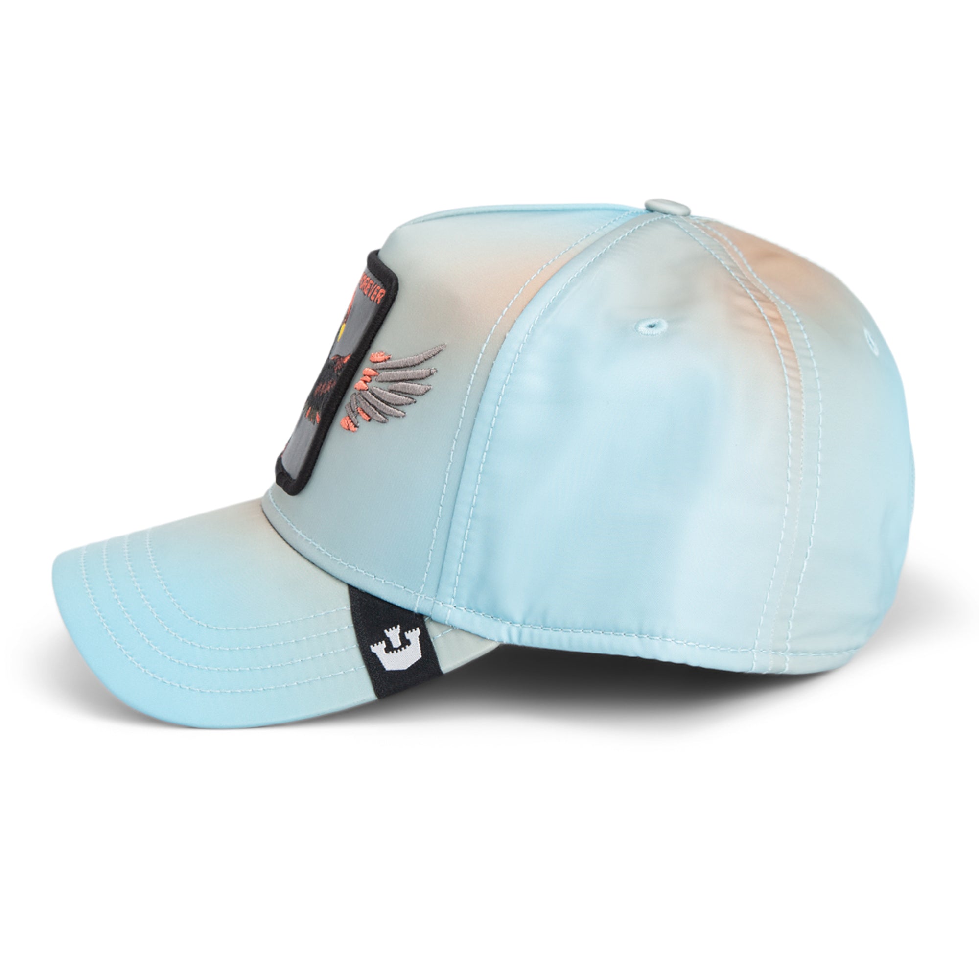Light blue baseball cap with a brand logo on a white background