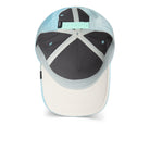Back view of a cap with a light blue rim and white brim on a white background
