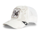White cap with a dog patch on a white background