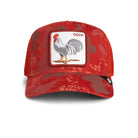 Red camouflage cap with rooster patch on a white background