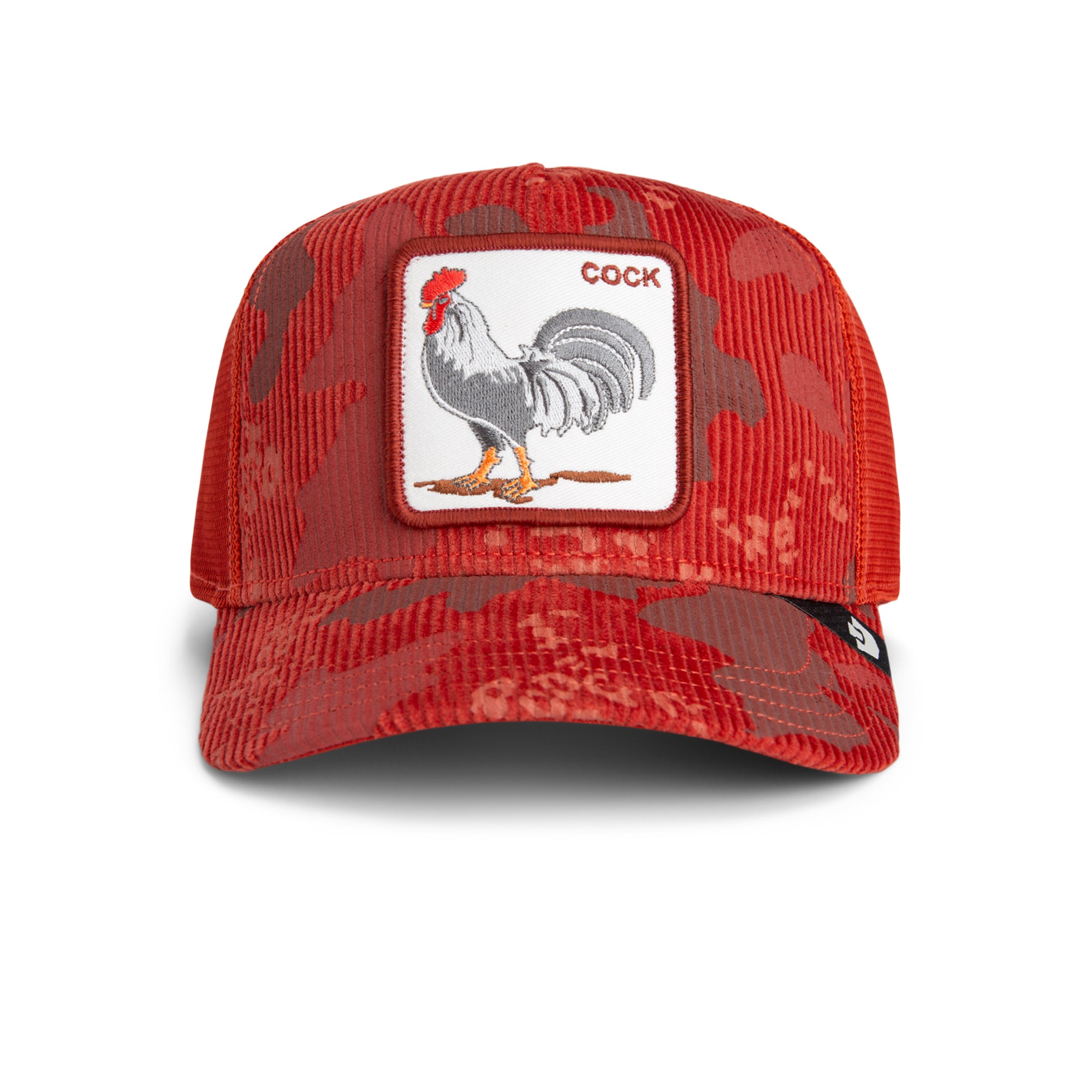 Red camouflage cap with rooster patch on a white background