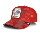 Red mesh cap with rooster illustration and 'COCK' text on a white background