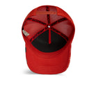 Red cap with black text on a white background