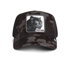 Black camouflage cap with a panther patch on a white background