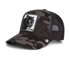 Camouflage cap with a panther patch on a white background