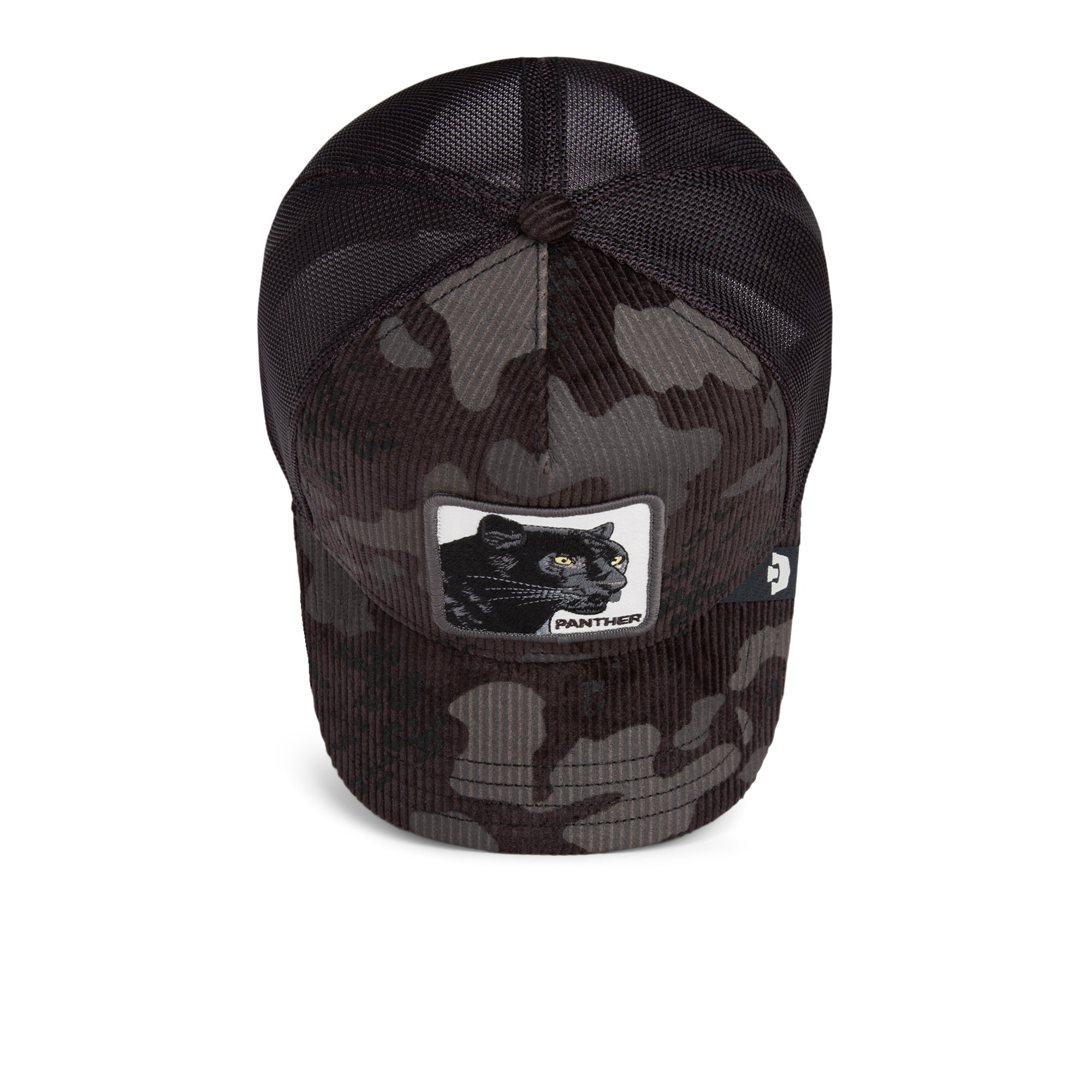 Camouflage baseball cap with a panther logo on a white background