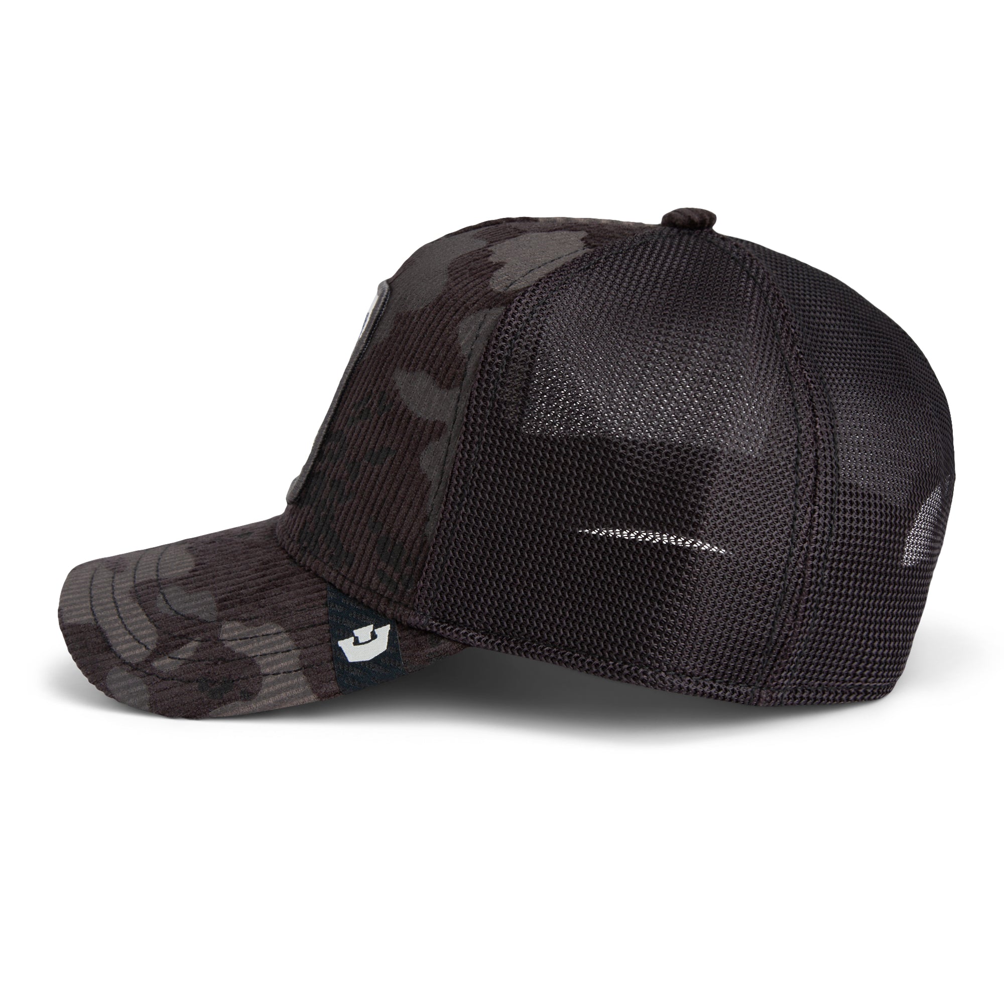 Black mesh cap with camouflage pattern on a white background