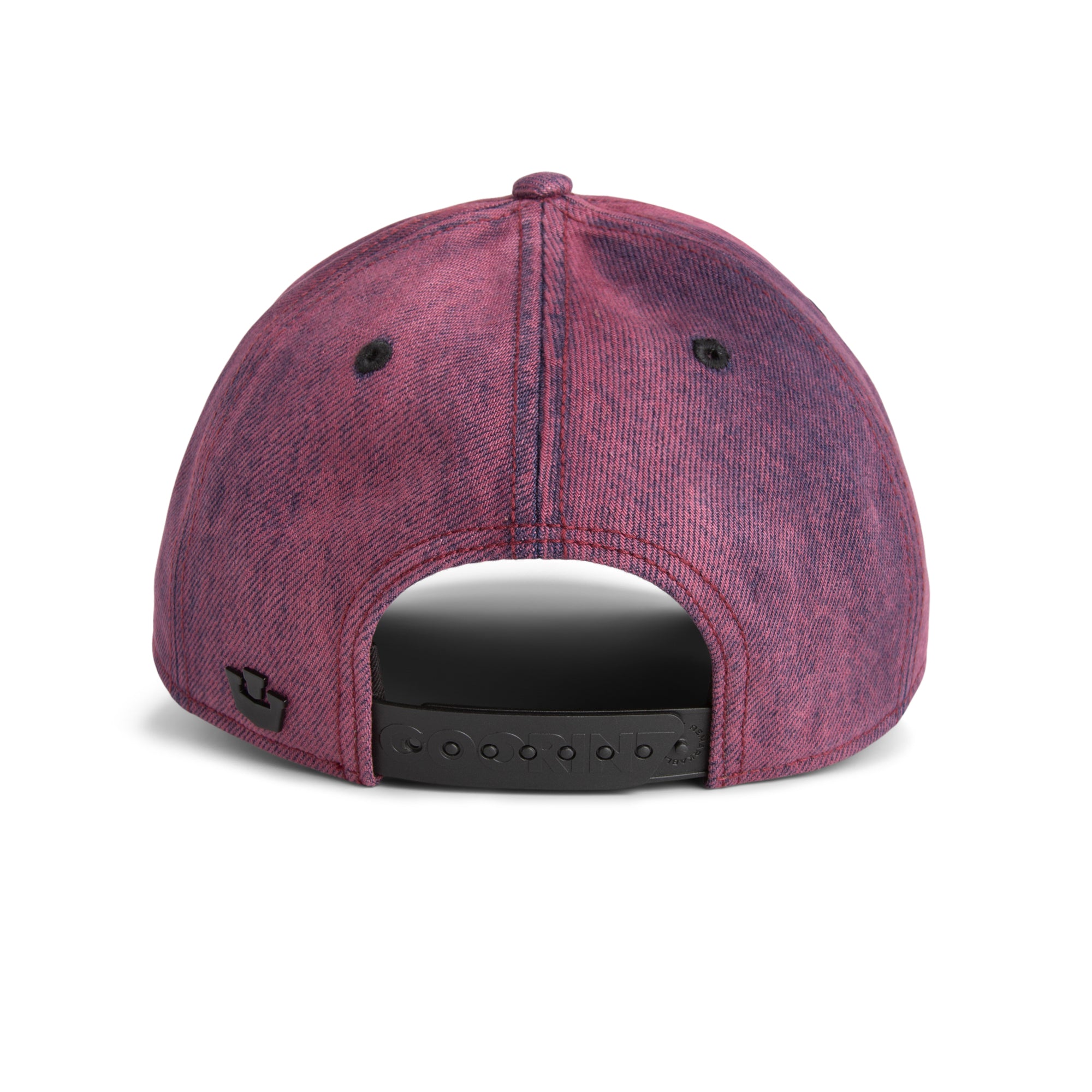 Goorin Bros Menace Cat Trucker Hat in purple denim with embroidered black cat patch
