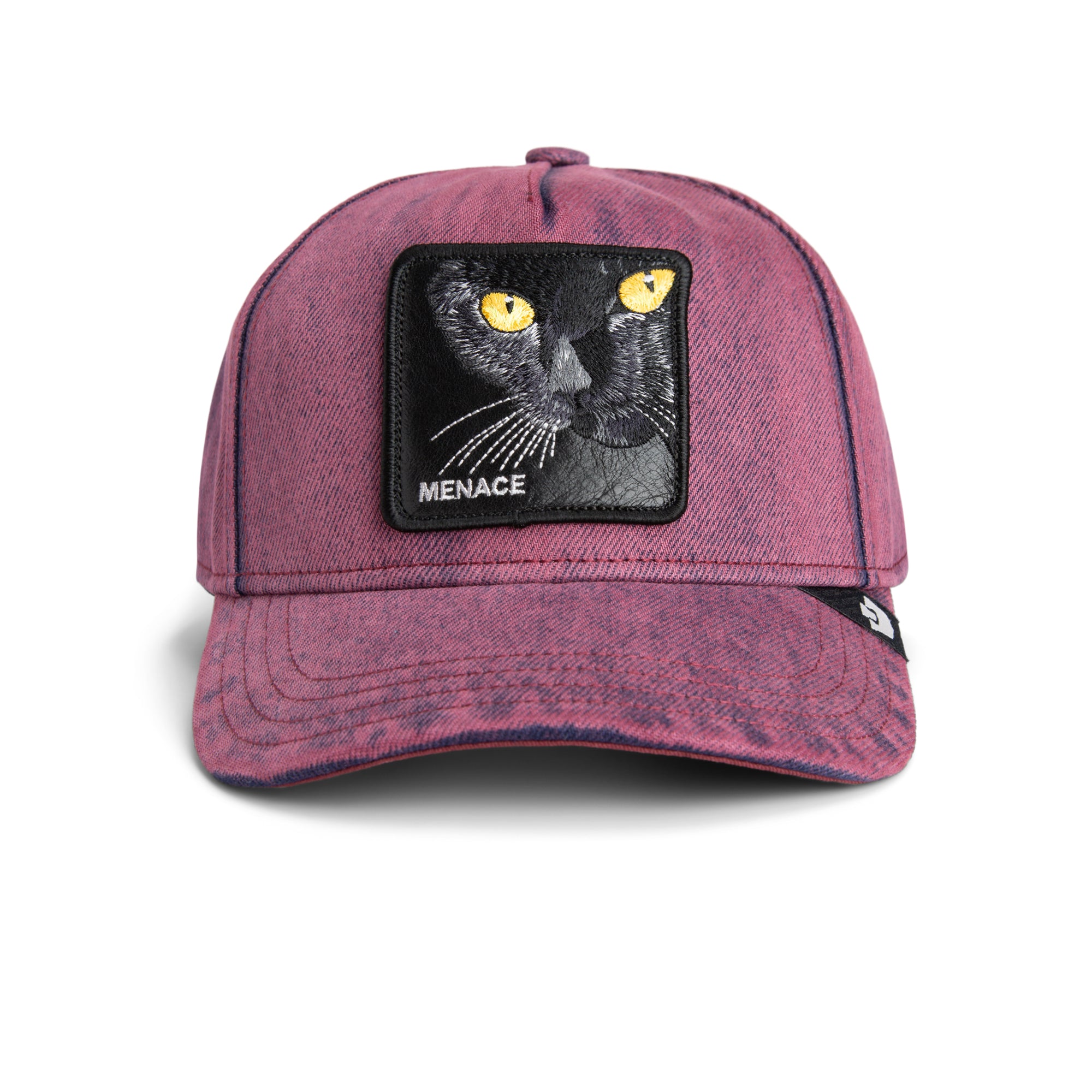 Goorin Bros Menace Cat Trucker Hat in purple denim with embroidered black cat patch
