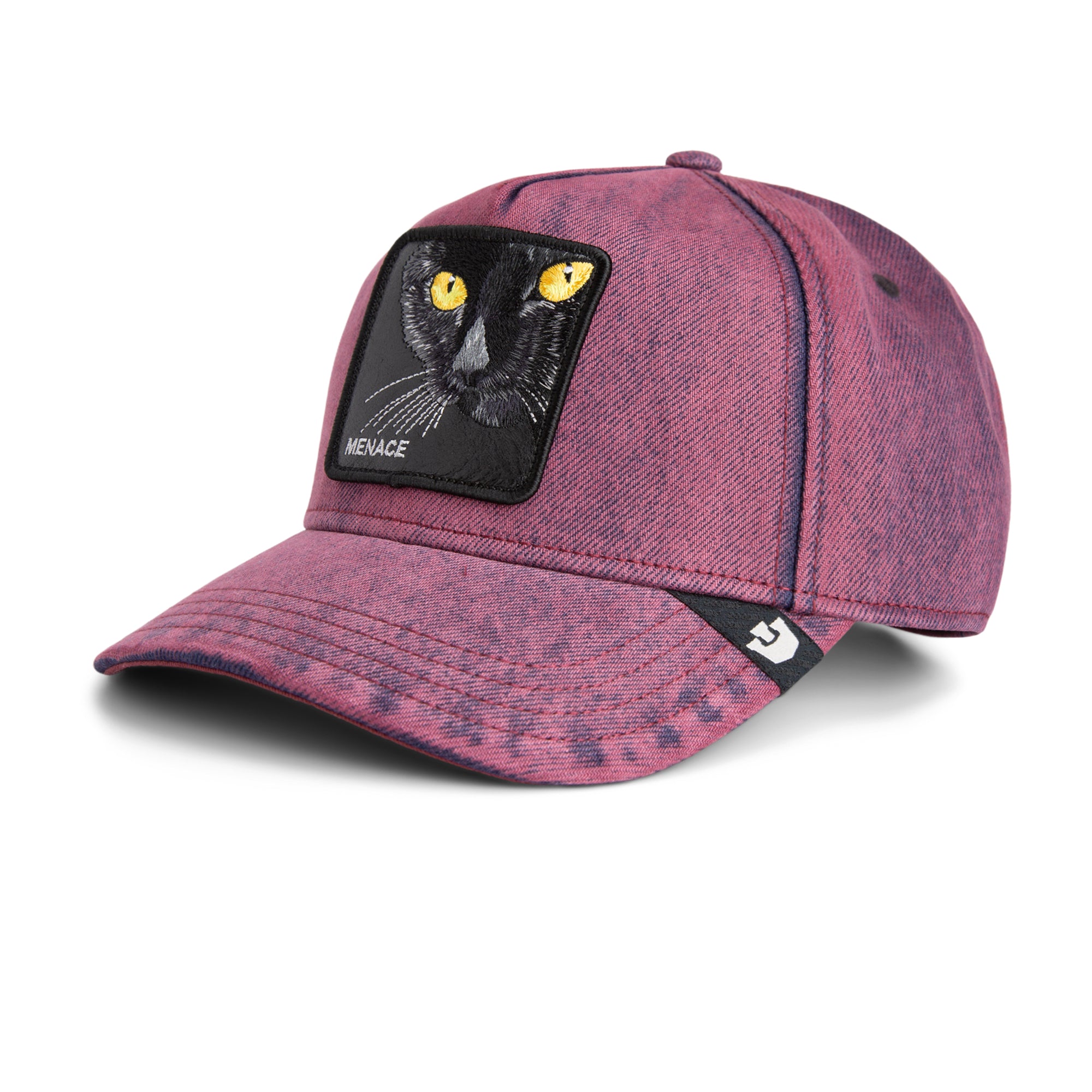 Goorin Bros Menace Cat Trucker Hat in purple denim with embroidered black cat patch
