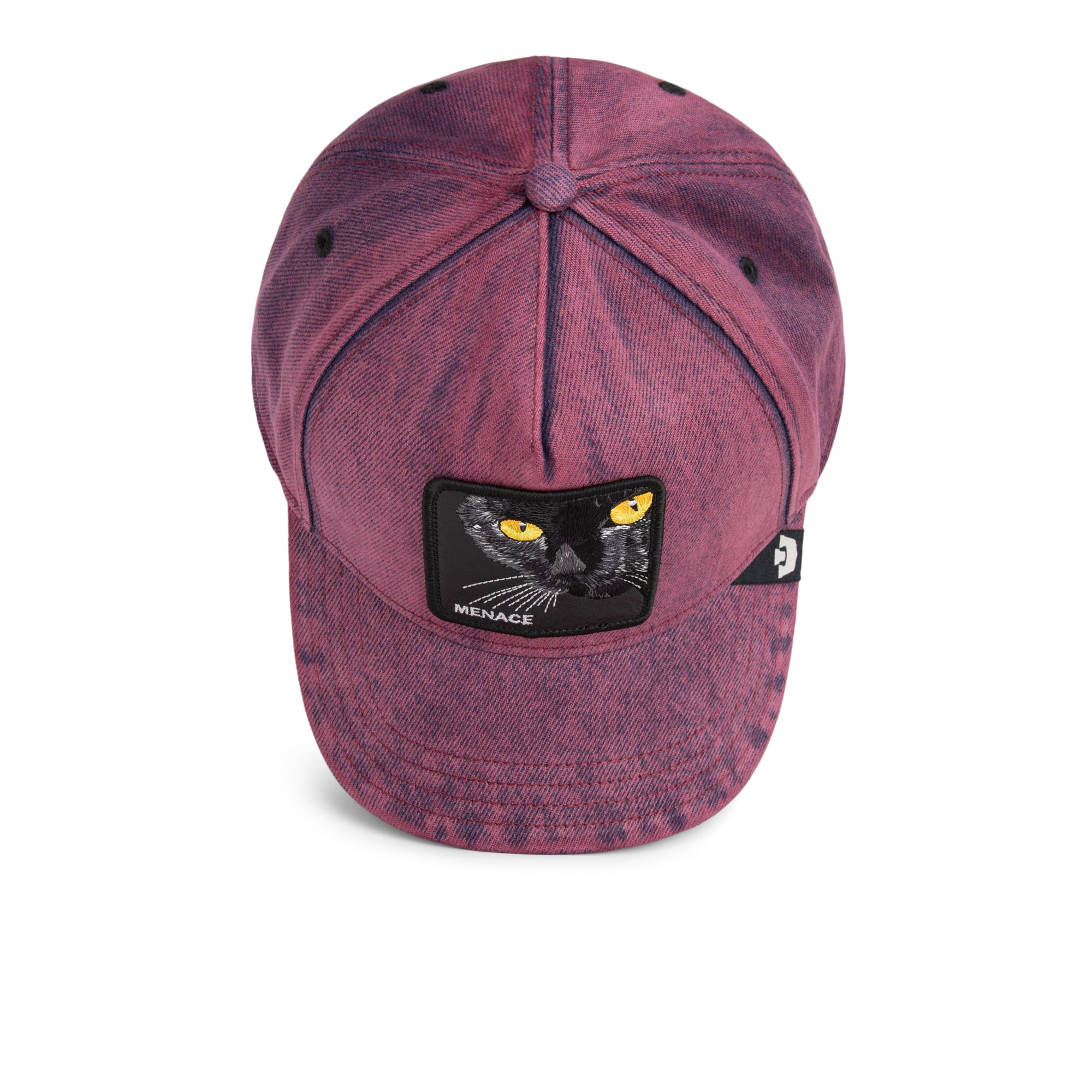Goorin Bros Menace Cat Trucker Hat in purple denim with embroidered black cat patch
