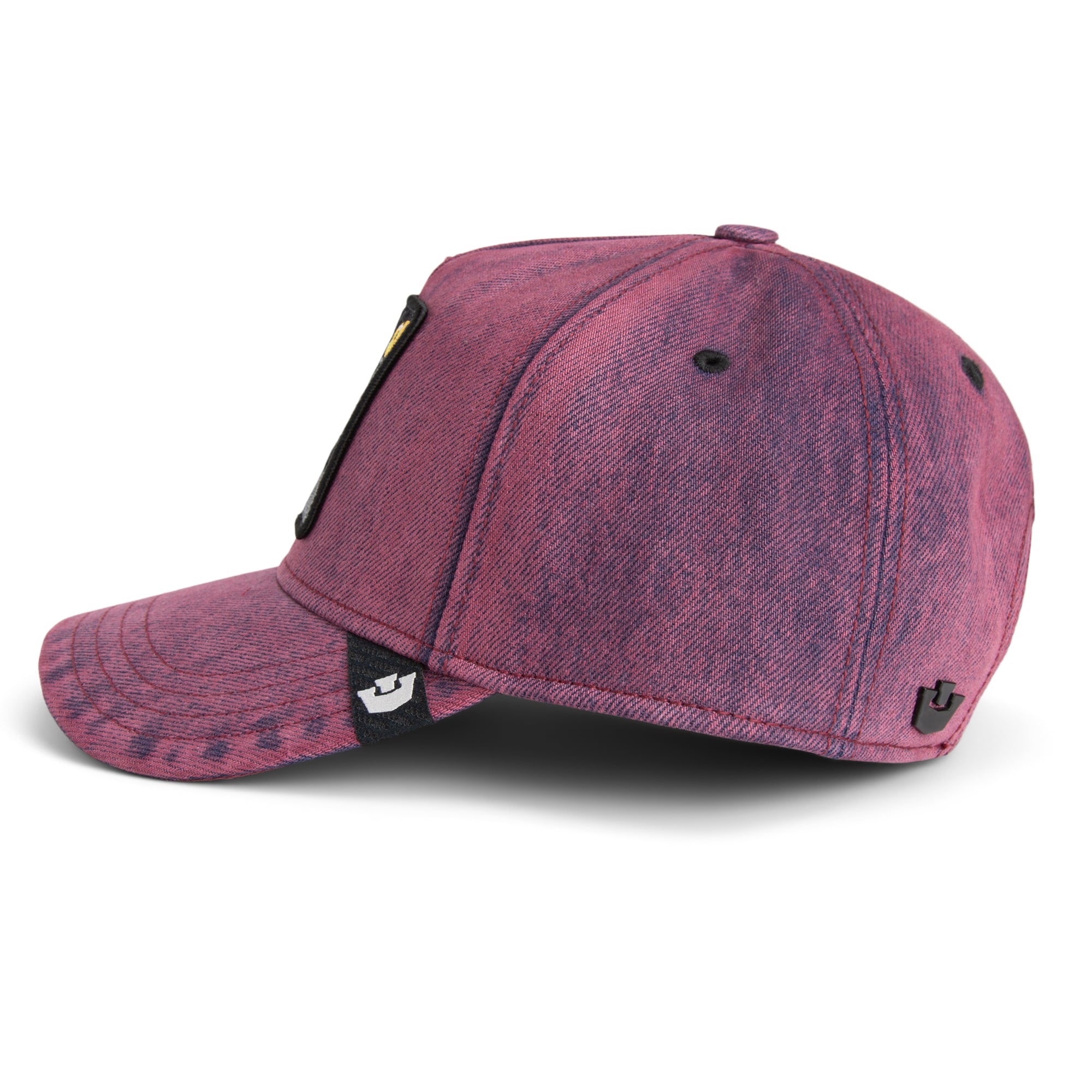 Goorin Bros Menace Cat Trucker Hat in purple denim with embroidered black cat patch
