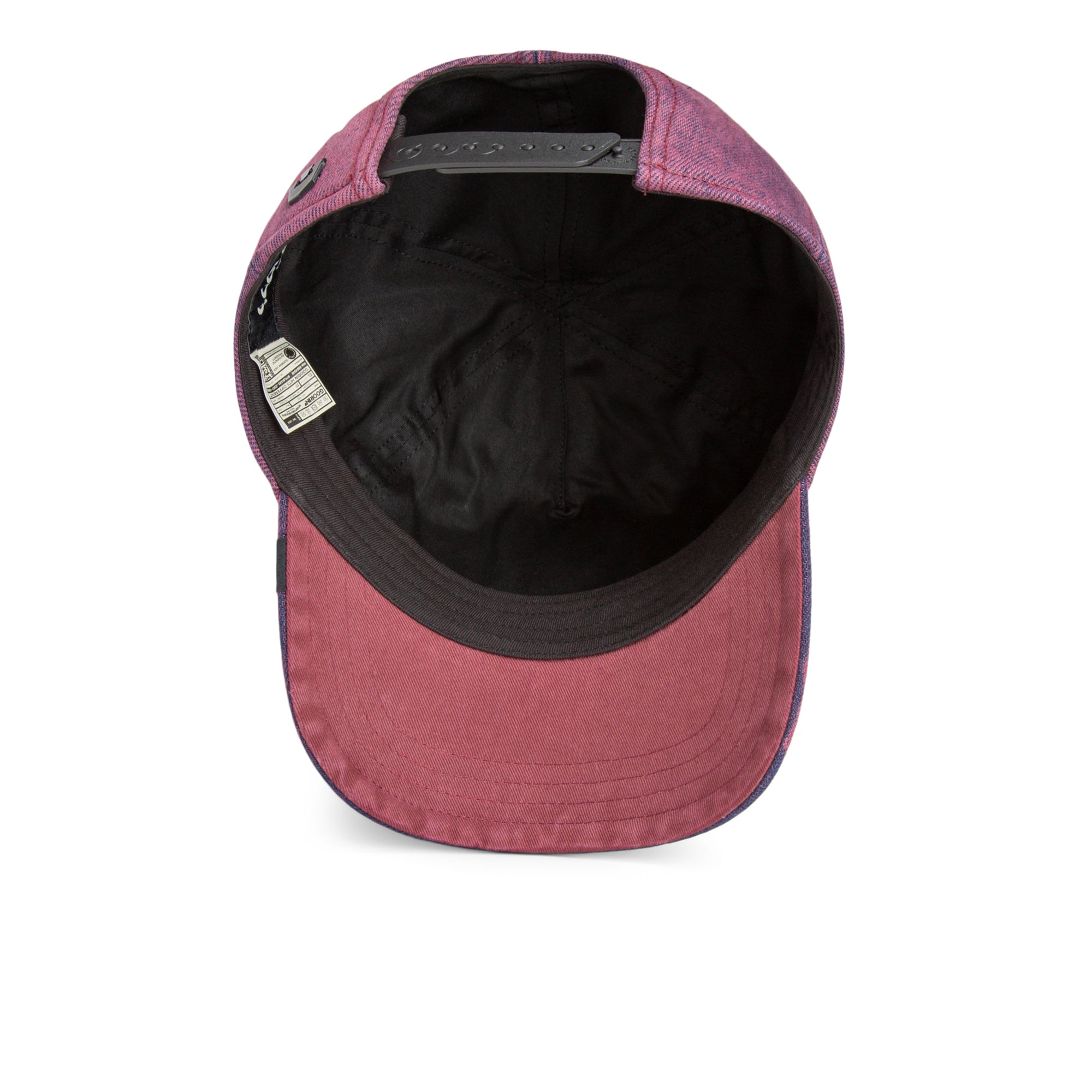 Goorin Bros Menace Cat Trucker Hat in purple denim with embroidered black cat patch
