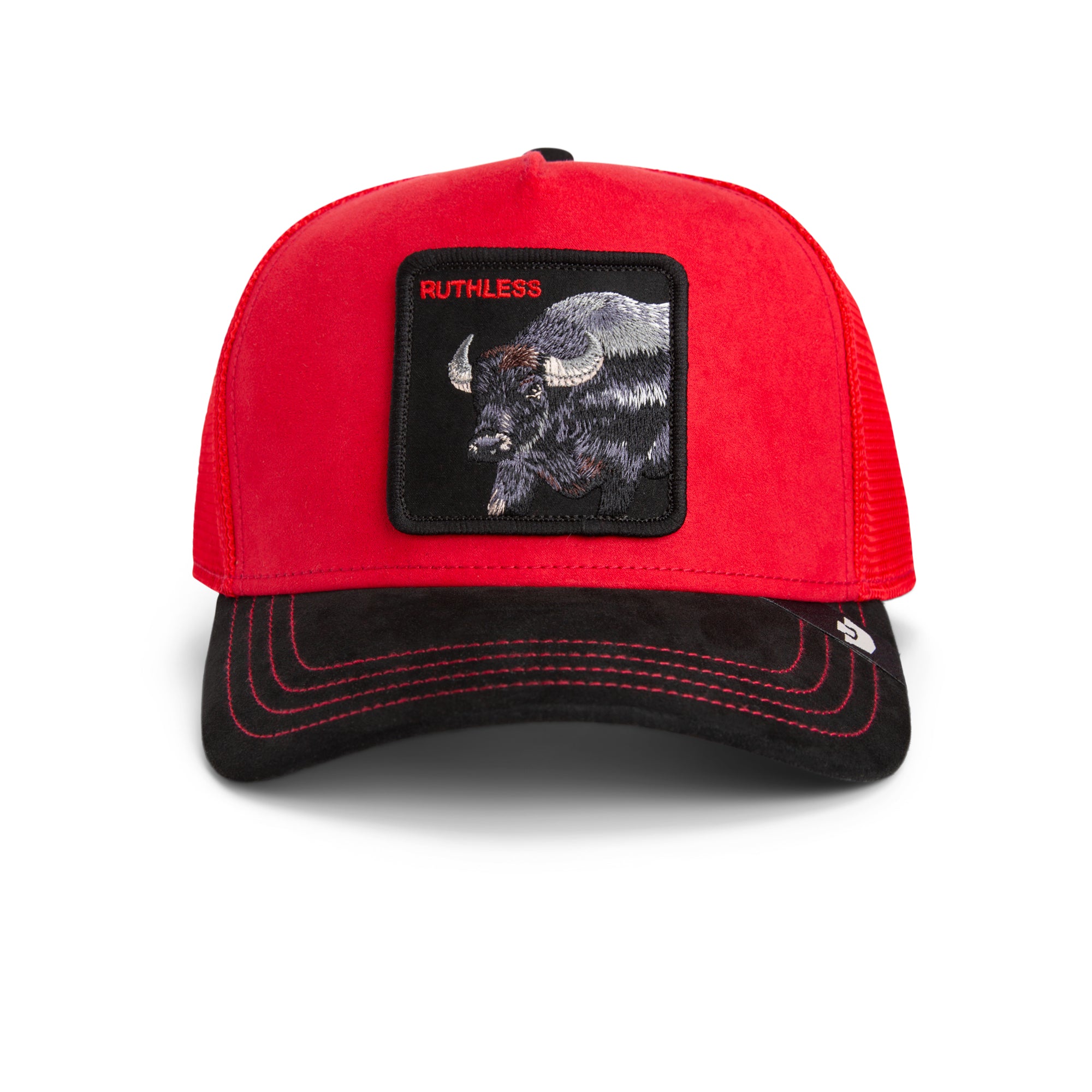 Ruthless bison suede trucker hat in red and black
