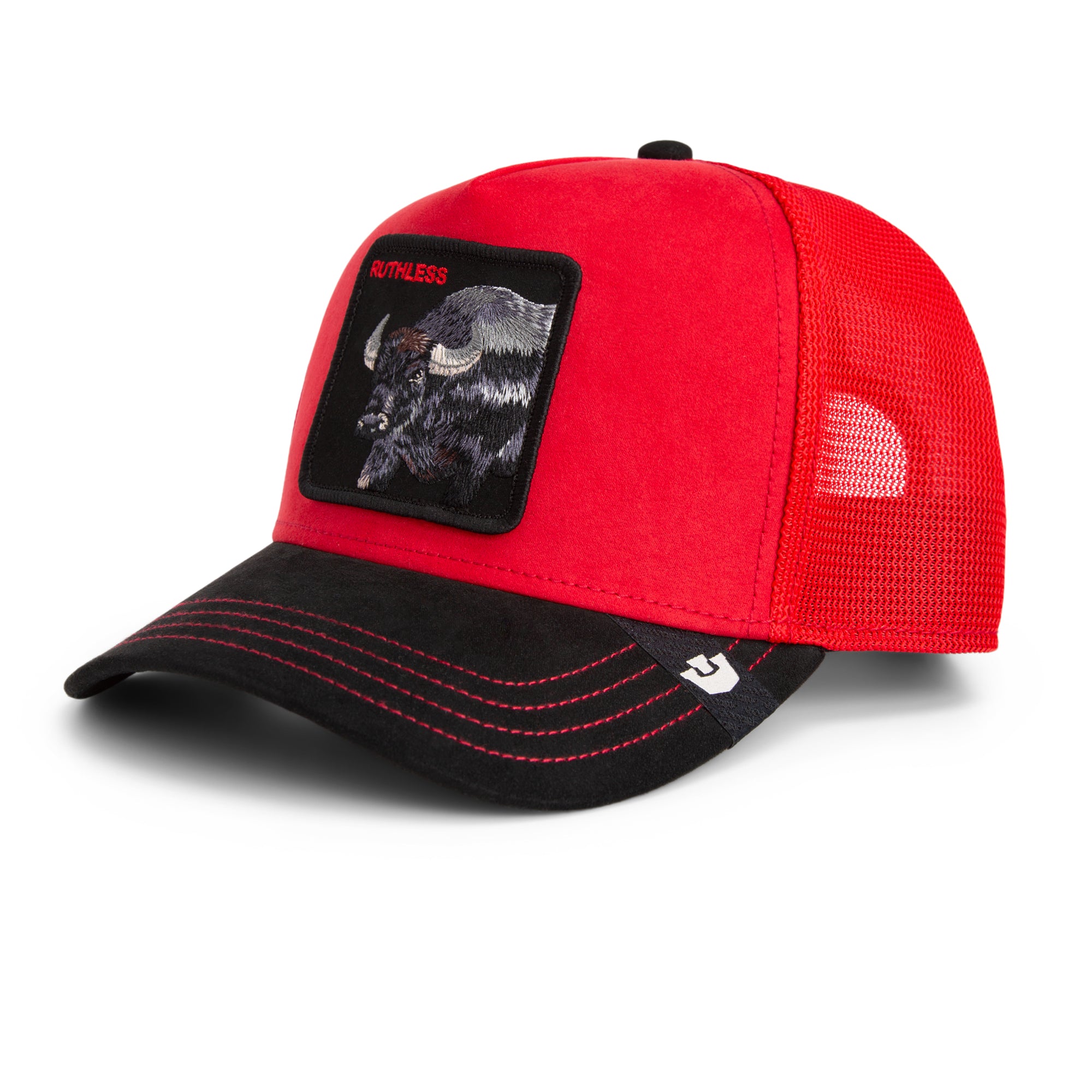 Red mesh back trucker hat with embroidered bison patch