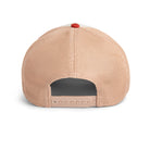 Beige and red Goorin Bros trucker hat with mesh back featuring embroidered fox patch labeled GOOD LOOKS on front panel

