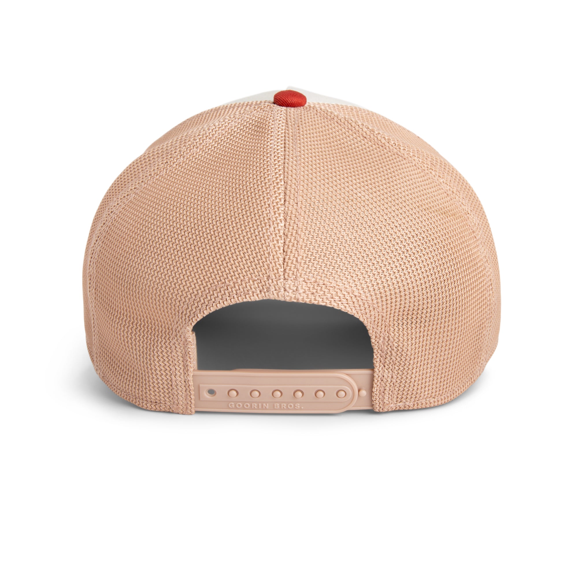 Beige and red Goorin Bros trucker hat with mesh back featuring embroidered fox patch labeled GOOD LOOKS on front panel
