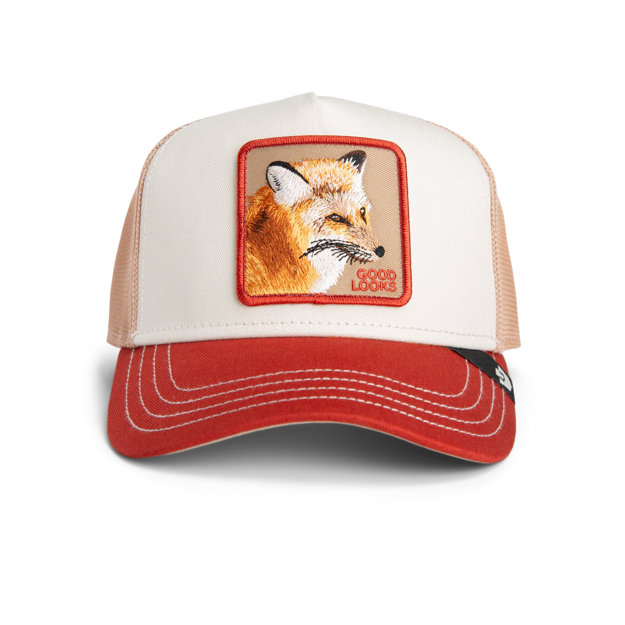 Beige and red Goorin Bros trucker hat with mesh back featuring embroidered fox patch labeled GOOD LOOKS on front panel
