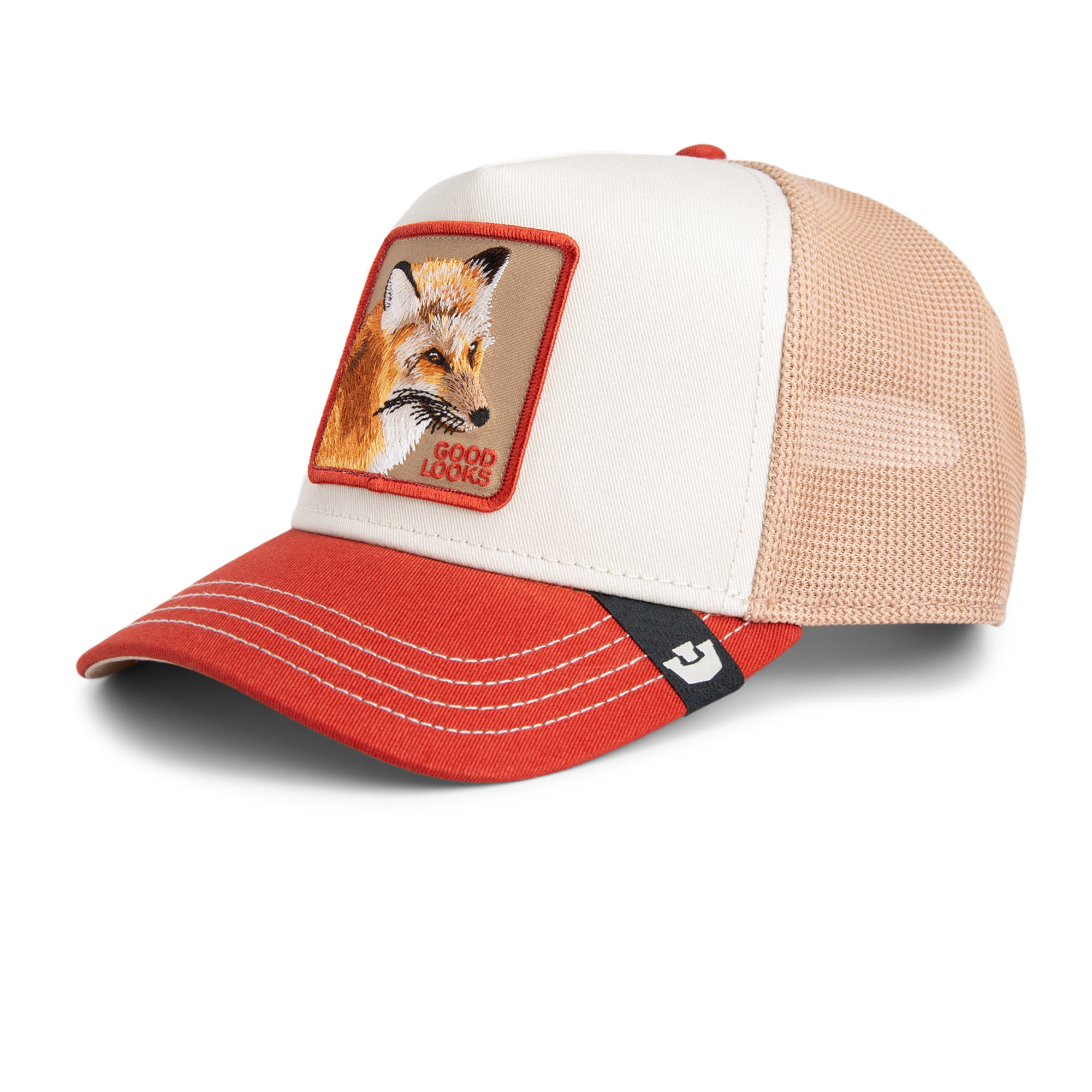 Beige and red Goorin Bros trucker hat with mesh back featuring embroidered fox patch labeled GOOD LOOKS on front panel
